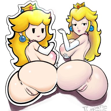 2girls, ass, blonde hair, blue earrings, blue eyes, breasts, bullet hole, cartoonized, collar, crown, doppelganger, elbow gloves, gloves, gray impact, half-closed eyes