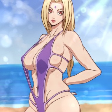 1girls, arms behind back, beach, big breasts, blonde hair, breasts, brown eyes, cleavage, female, female only, forehead mark, kameseru, makeup, mature female, nail polish