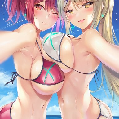 bikini, bikini bottom, bikini top, blonde hair, hikari (xenoblade 2), homura (xenoblade 2), huge breasts, large breasts, long hair, mythra, ponytail, pyra, red eyes, red hair, short hair