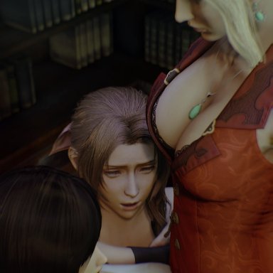 3d, 3d (artwork), aerith gainsborough, black hair, blonde hair, boobjob, brown hair, cleavage, dickgirl, dickgirl/female, final fantasy, final fantasy vii, futa on female, futadom, futanari