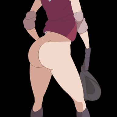 1girls, ass, back view, bike shorts, boots, bottomless, clothing, elbow pads, female, female only, forehead protector, gloves, hairband, holding clothing, naruto