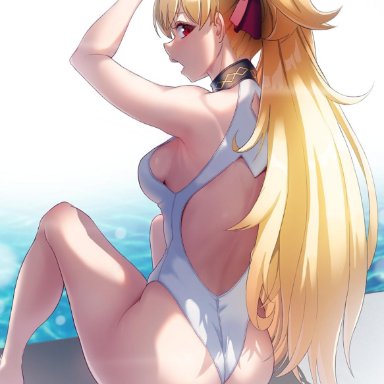 alternative hairstyle, ass, back, bangs, bare arms, bare legs, bare shoulders, bent knees, blonde hair, blush, breasts, competition swimsuit, day, ereshkigal (fate), ereshkigal (fate/grand order)
