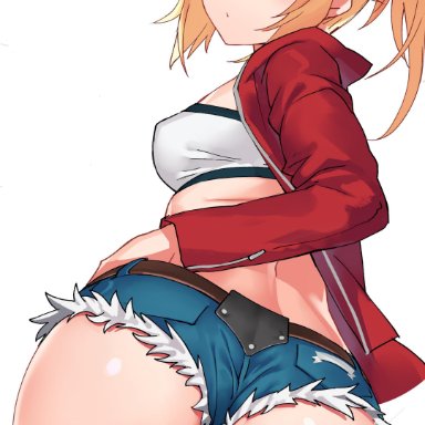 ass, back, bandeau, bangs, belt, blonde hair, blush, braid, breasts, cutoffs, denim, denim shorts, eyebrows visible through hair, fate (series), fate/apocrypha