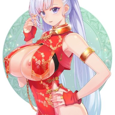alternative costume, alternative hairstyle, areola slip, areolae, armlet, armpits, azur lane, bangs, bare shoulders, belfast (azur lane), braid, breast curtains, breasts, chains, china dress