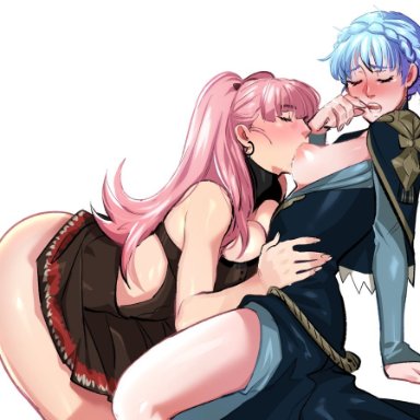 2girls, ass, blue hair, blush, breast sucking, breasts outside, closed eyes, female only, fire emblem, fire emblem: three houses, hilda (fire emblem), kukumomo, long hair, looking pleasured, marianne (fire emblem)