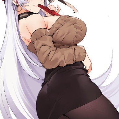 anthropomorphization, aran sweater, ass, azur lane, bangs, belfast (azur lane), belfast (shopping with the head maid) (azur lane), beret, black skirt, blush, breasts, brown legwear, brown sweater, choker, closed mouth