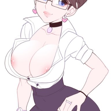 blue eyes, breasts, brown hair, choker, cleavage, ear piercing, female, glasses, hips, nipples, no bra, office lady, pynkblud, secretary, skirt