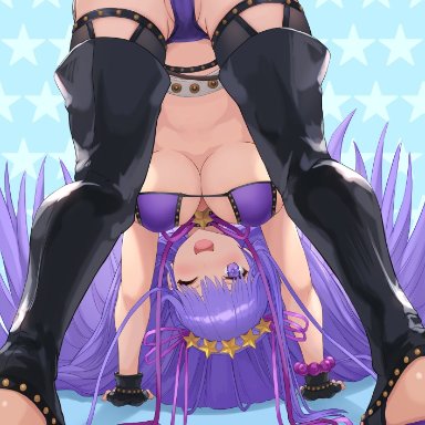 ass, bb (fate), bb (swimsuit mooncancer), bent over, bikini, black gloves, blue background, blush, bracelet, breasts, cameltoe, cleavage, fate (series), fate/grand order, female