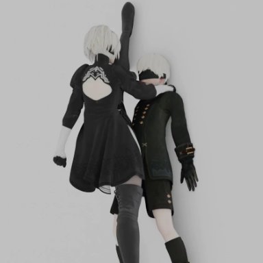 1boy, 1girl, against wall, animated, blender (software), blindfold, clothed, female, femdom, flexible, high heels, leg up, male, male/female, nier: automata