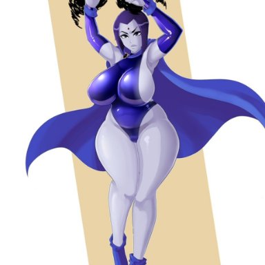 1girls, armpits, big breasts, blue eyes, blue hair, cape, dc, female, fingerless gloves, grey skin, large breasts, leotard, raven, teen titans, thick thighs