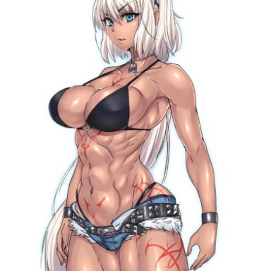 abs, big breasts, bra, breasts, caenis (fate/grand order), fate (series), fate/grand order, jean shorts, muscular female, toned female