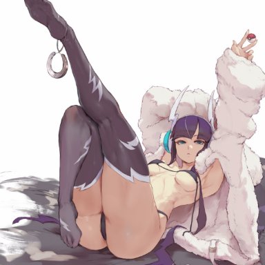 bikini, blue eyes, cutesexyrobutts, fur coat, kamitsure (pokemon), looking at viewer, lying, nintendo, pokeball, pokemon, pokemon bw2, purple hair, sideboob, thick thighs, thighhighs