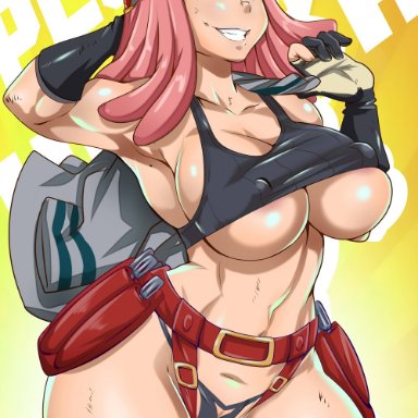 bayeuxman, big breasts, clothed female, female, female only, mei hatsume, my hero academia, nipples, nipples visible through clothing, pink hair, short hair, solo, solo female, solo focus, target-shaped pupils