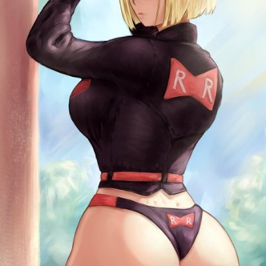 android 18, ass, blonde hair, dragon ball, dragon ball super, dragon ball z, hat, huge ass, huge butt, panties, plump ass, short hair, thighhighs, tuomashart, uniform