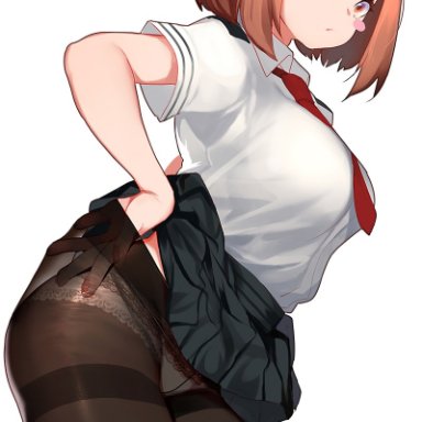 1girls, blank background, brown eyes, brown hair, looking at viewer, my hero academia, ochako uraraka, panties, rosy cheeks, school uniform, skirt, skirt lift, solo, solo female, solo focus