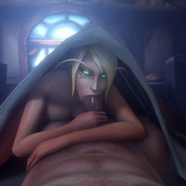 1boy, 1girls, 3d, alori, animated, big penis, blood elf, breasts, erection, fellatio, female, looking at viewer, male, noname55, nude