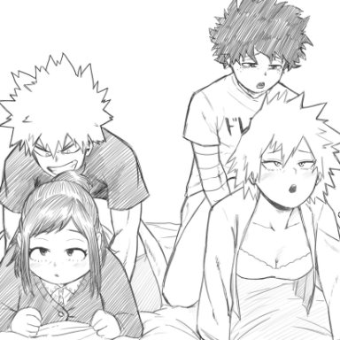 2boys, 2girls, ambiguous penetration, bed, big breasts, black and white, blush, clothed, clothed sex, clothing, doggy style, freckles, from behind, hair bun, inko midoriya