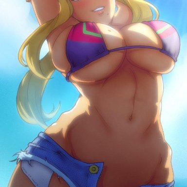akairiot, arms up, beauty mark, bikini, bikini top, blonde hair, blue eyes, blush, breasts, busty, cleavage, female, female only, fully clothed, huge ass
