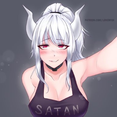 ahe gao, apron, blush, bow (bhp), demon, demon girl, helltaker, horn, looking at viewer, lucifer (helltaker), red background, red eyes, simple background, solo, solo female