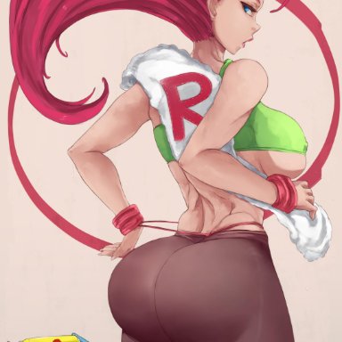 1girls, ass, big ass, blue eyes, blue skin, dantev47, dat ass, eyes closed, female focus, high resolution, jessie (pokemon), leggings, lipstick, long hair, nintendo