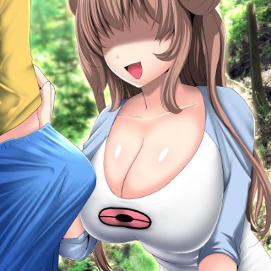 1boy, 1girls, big breasts, brown hair, clothed, double bun, erection, erection under clothes, female, huge breasts, large breasts, long hair, morozumi (ratexizuki), nintendo, pale skin