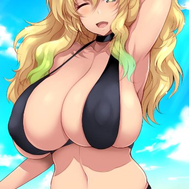 bangs, bare arms, bare shoulders, belly, bikini, black bikini, black eyes, black swimsuit, blonde, blonde hair, blue hair, breasts, clavicle, cleavage, closed eyes