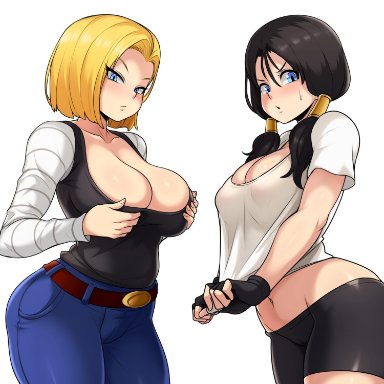 2girls, android 18, big breasts, blush, breasts, cameltoe, cleavage, dragon ball, dragon ball z, female, female only, jmg, large breasts, looking at viewer, sweat