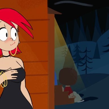 animated, black dress, capy diem, cartoon network, dress, exposed breast, exposed nipple, eyelashes, flashing, foster's home for imaginary friends, frankie foster, looking at viewer, public, red hair, self exposure