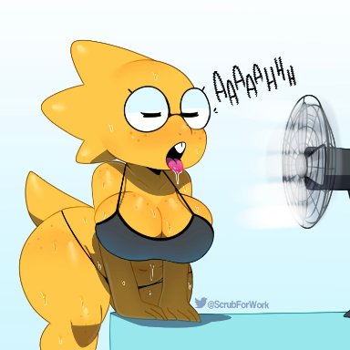 1girl, alphys, anthro, ass, belly button, bent over, bent over table, big ass, black bra, black thong, bra, breasts, cleavage, closed eyes, clothing