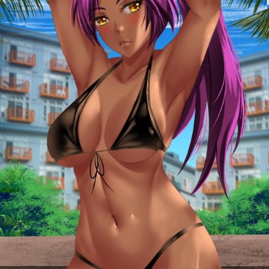 1girls, armpits, arms behind head, big breasts, bikini, bleach, blush, breasts, cameltoe, dark skin, dark-skinned female, eyelashes, female, female only, fuzzlogik