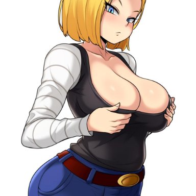 1girls, android 18, big breasts, breasts, cleavage, dragon ball, dragon ball z, female, female only, jmg, large breasts, looking at viewer, solo