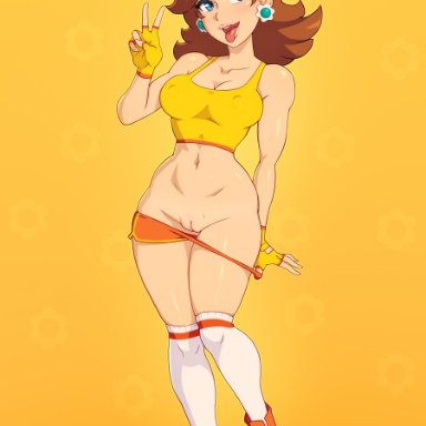 big breasts, blue eyes, blush, breasts, brown hair, cute, huge breasts, long socks, nintendo, owler, peace sign, princess daisy, pussy, pussy peek, shorts