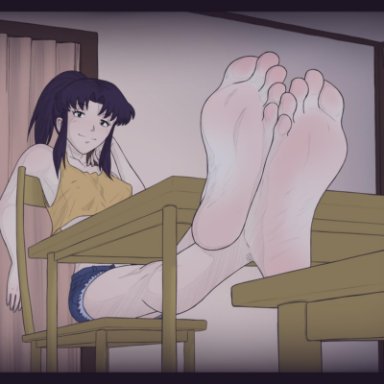 1girl, 1girls, 5 toes, bare arms, bare legs, bare shoulders, barefeet, barefoot, big feet, black eyes, crossed feet, crossed legs, exposed feet, feet, feet on table