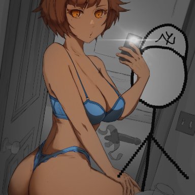 :o, androssi zahard, big ass, blue bra, blue panties, breasts, brown hair, meme, one horn, open door, orange eyes, phone, short hair, stickman, strap-on