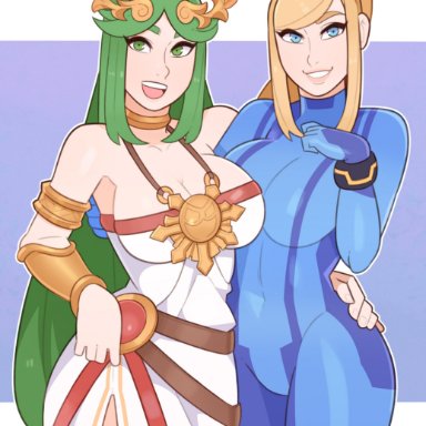 2girls, big breasts, breasts, cleavage, female, female only, kid icarus, large breasts, metroid, nintendo, palutena, samus aran, splashbrush, super smash bros., zero suit