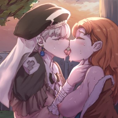 2girls, annette (fire emblem), annette fantine dominic, annette fantine dominique, big breasts, blonde hair, blush, breasts, closed eyes, clothed, earrings, female only, fire emblem, fire emblem: three houses, french kiss