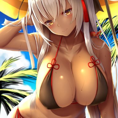 ahoge, bangs, bare shoulders, beach mat, belly, bikini, black bikini, black bow, black swimsuit, blue sky, blush, bow, breasts, clavicle, cleavage