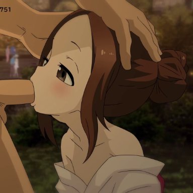 brown eyes, brown hair, deepthroat, fantia, felipe godoy, fellatio, head grab, karakai jouzu no takagi-san, kneeling, oral, pale skin, skinny, tagme, takagi-san, teenager