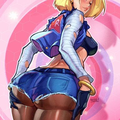 1girls, android 18, animated, blonde hair, blue eyes, cameltoe, cleavage, curvy, dragon ball, erect nipples, female, huge areolae, huge ass, huge breasts, puffy nipples