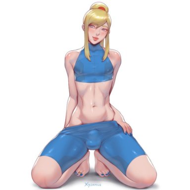 bulge, crop top, feet, femboy, girly, metroid, nipples, rule 63, samus aran, shorts, toenail polish, trap, xysamus