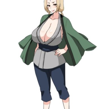 blonde hair, blush, brown eyes, cleavage, curvy, female, female only, huge breasts, japanese clothes, long hair, looking at viewer, mature, milf, naruto, naruto shippuden