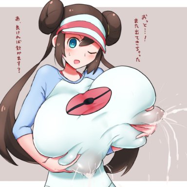 big breasts, blue eyes, brown hair, clothed female, double bun, female, female focus, female only, lactation, lactation through clothes, ninja, nipples, nipples visible through clothing, pokemon, pokemon bw2