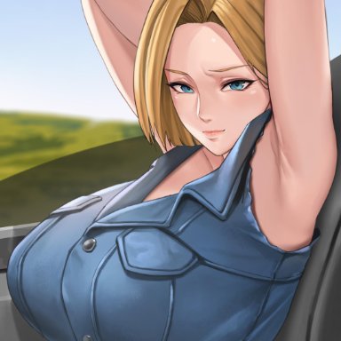 1girls, android 18, blonde hair, blue eyes, cleavage, curvy, dragon ball, erect nipples, female, gigantic breasts, huge areolae, lim, puffy nipples, short hair, thick lips