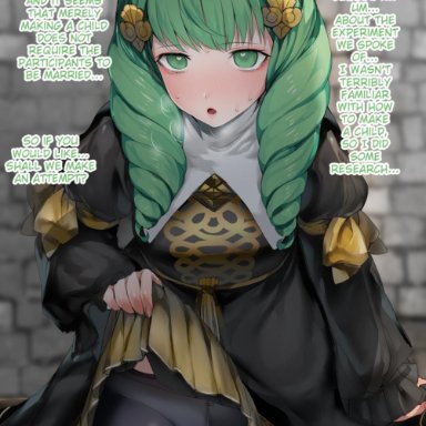 bangs, black dress, black legwear, blush, bow, bow panties, cameltoe, commentary request, cowboy shot, dress, dress lift, drill hair, echigoya takeru, female, fire emblem