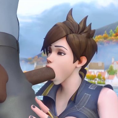 1boy, 1girl, 1girls, 3d, animated, black nails, blizzard entertainment, blowjob, breasts outside, brown eyes, brown hair, cum, cum in mouth, cum in throat, cum on face