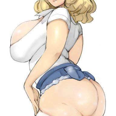 1girls, ass, big ass, big breasts, blonde hair, blue eyes, blush, character request, copyright request, eye contact, female, female only, huge breasts, keigi (artist), large breasts