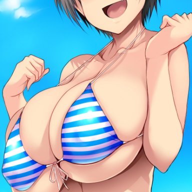 :d, 1girls, bangs, belly, bikini, blue bikini, blue eyes, blurry, blush, breasts, cleavage, eyebrows visible through hair, female, from below, front-tie bikini