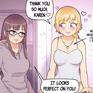 1futa, 1girls, animated, blush, breasts, bulge, cleavage, dickgirl, erection under clothes, female, futanari, huge cock, karen (lewdua), lewdua, nessie (lewdua)