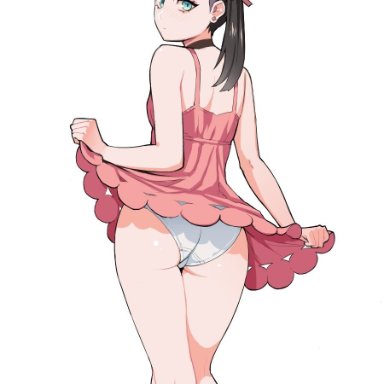 1girls, ass, black hair, blue hair, choker, dress lift, eye contact, female, hair ribbon, looking at viewer, looking back, marnie (pokemon), nintendo, pale skin, pale-skinned female