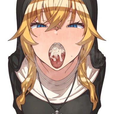 blonde hair, blue eyes, blush, cross, cross necklace, cum, cum in mouth, cum on tongue, erere, female, habit, half-closed eyes, jewelry, long hair, looking at viewer